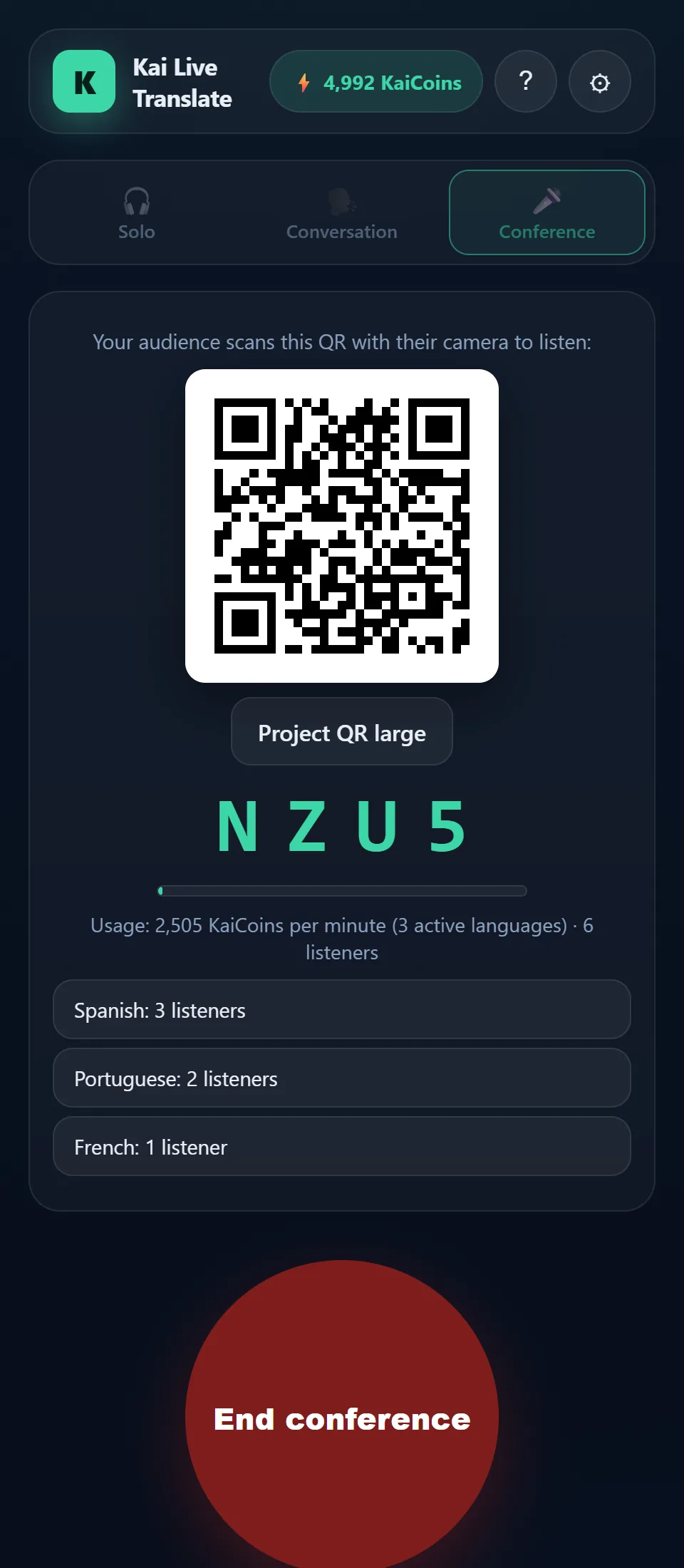 Bildschirm einer Live-Konferenz: der QR-Code für das Publikum, der Verbrauch pro Minute und die Liste der aktiven Sprachen mit ihren Zuhörern.