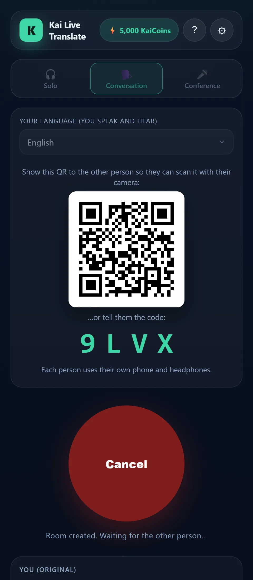 Bildschirm der App mit einem gerade erstellten Raum: der QR-Code zum Beitreten, der Code aus vier Zeichen und die gewählte Sprache.