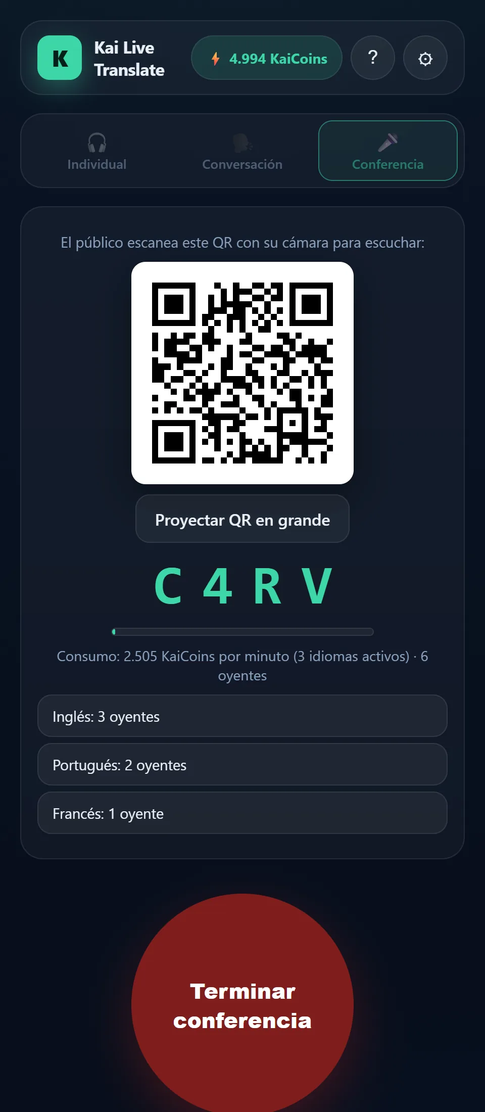 Pantalla de una conferencia en vivo: el QR para el público, el consumo por minuto y la lista de idiomas activos con sus oyentes.