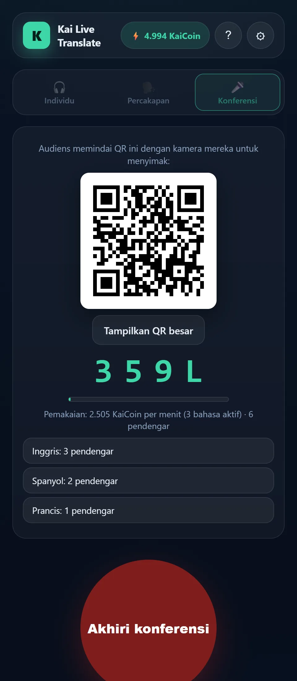 Layar konferensi langsung: QR untuk audiens, pemakaian per menit, dan daftar bahasa aktif beserta pendengarnya.