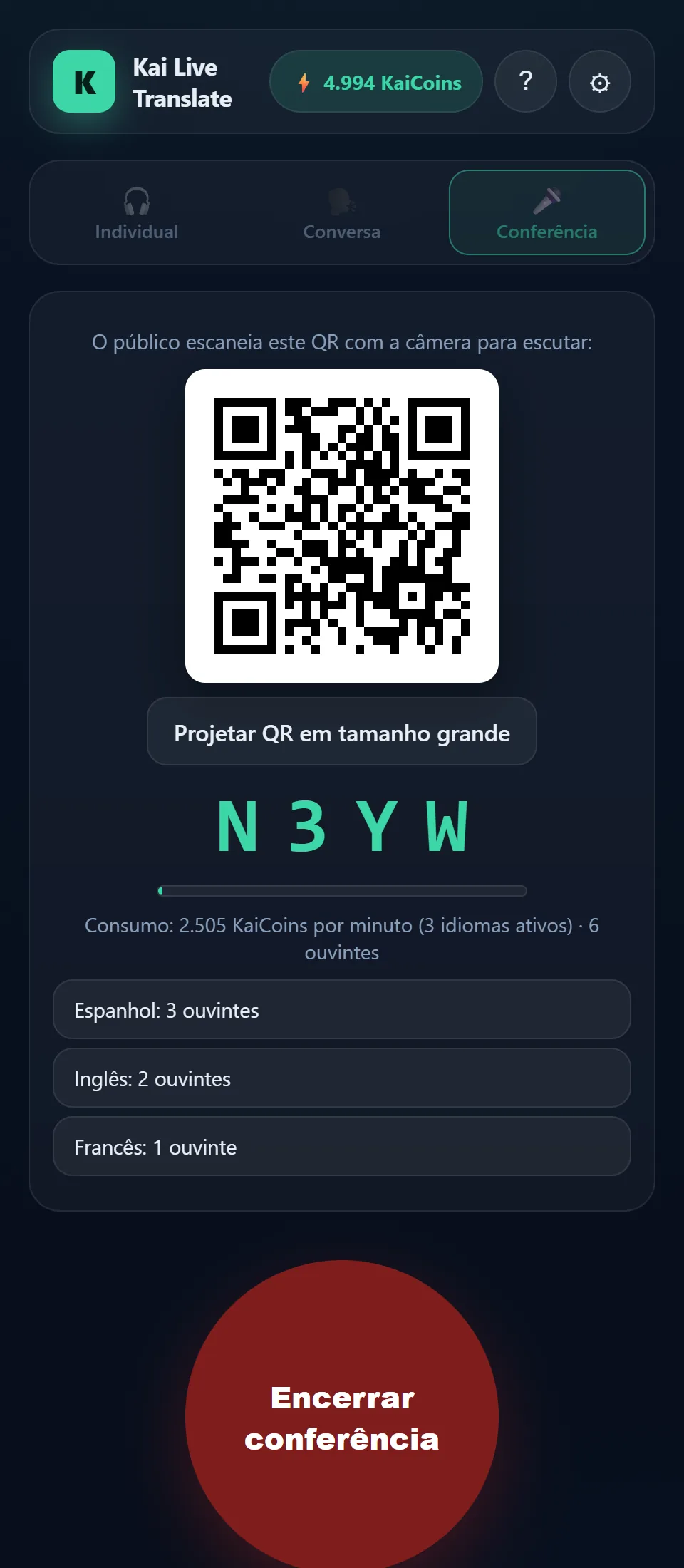 Tela de uma conferência ao vivo: o QR para o público, o consumo por minuto e a lista de idiomas ativos com seus ouvintes.